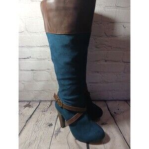Stylish Blue and Brown Faux Suede Heels Boots